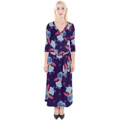 Owl-pattern-background Quarter Sleeve Wrap Maxi Dress by Grandong