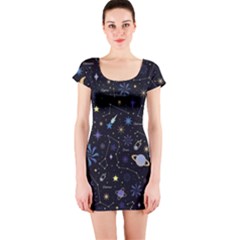 Starry Night  Space Constellations  Stars  Galaxy  Universe Graphic  Illustration Short Sleeve Bodycon Dress by Grandong