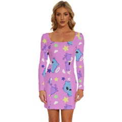 Seamless Pattern With Cute Kawaii Kittens Long Sleeve Square Neck Bodycon Velvet Dress by Grandong