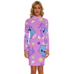 Seamless Pattern With Cute Kawaii Kittens Long Sleeve Shirt Collar Bodycon Dress by Grandong