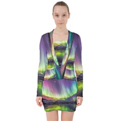 Aurora Borealis Polar Northern Lights Natural Phenomenon North Night Mountains V-neck Bodycon Long Sleeve Dress by Grandong