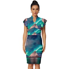 Amazing Aurora Borealis Colors Vintage Frill Sleeve V-neck Bodycon Dress by Grandong