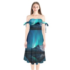 Aurora Borealis Mountain Reflection Shoulder Tie Bardot Midi Dress by Grandong