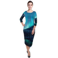 Aurora Borealis Mountain Reflection Quarter Sleeve Midi Velour Bodycon Dress by Grandong