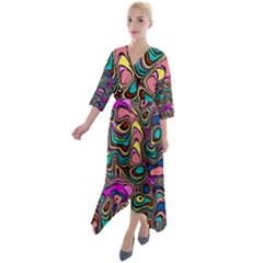 Bending Rotate Distort Waves Quarter Sleeve Wrap Front Maxi Dress by Ravend