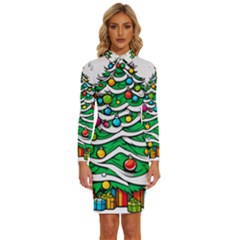 Christmas Tree Long Sleeve Shirt Collar Bodycon Dress by Vaneshop