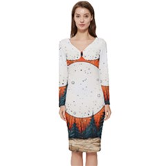 Moon Night Nature Dream Sky Long Sleeve V-neck Bodycon Dress  by Vaneshop