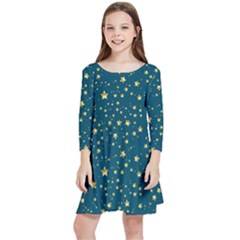 Star Golden Pattern Christmas Design White Gold Kids  Quarter Sleeve Skater Dress by Vaneshop