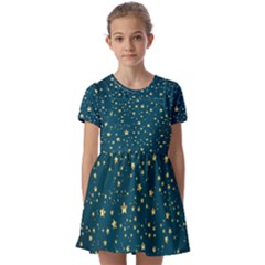 Star Golden Pattern Christmas Design White Gold Kids  Short Sleeve Pinafore Style Dress by Vaneshop