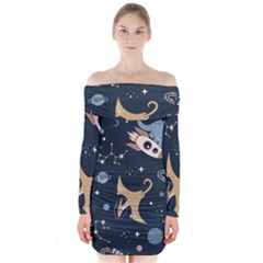 Space Theme Art Pattern Design Wallpaper Long Sleeve Off Shoulder Dress by Vaneshop