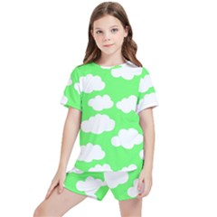 Cute Clouds Green Neon Kids  T-shirt And Sports Shorts Set by ConteMonfrey