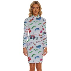 Illustration Christmas Pattern Long Sleeve Shirt Collar Bodycon Dress by Pakjumat