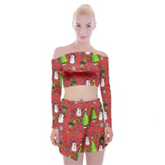 Santa Snowman Gift Holiday Off Shoulder Top With Mini Skirt Set by Pakjumat