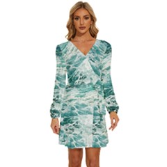 Blue Crashing Ocean Wave Long Sleeve Waist Tie Ruffle Velvet Dress by Jack14