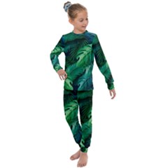 Tropical Green Leaves Background Kids  Long Sleeve Set  by Amaryn4rt