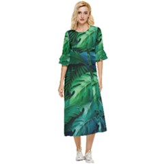 Tropical Green Leaves Background Double Cuff Midi Dress by Amaryn4rt