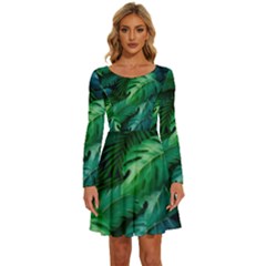 Tropical Green Leaves Background Long Sleeve Wide Neck Velvet Dress by Amaryn4rt