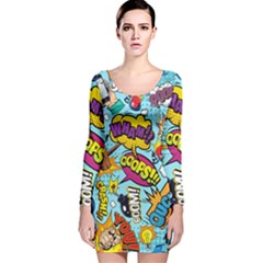 Comic Elements Colorful Seamless Pattern Long Sleeve Velvet Bodycon Dress by Amaryn4rt