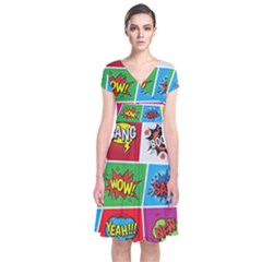 Pop Art Comic Vector Speech Cartoon Bubbles Popart Style With Humor Text Boom Bang Bubbling Expressi Short Sleeve Front Wrap Dress by Amaryn4rt