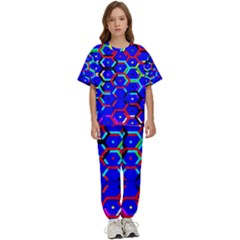 Blue Bee Hive Pattern Kids  T-shirt And Pants Sports Set by Amaryn4rt