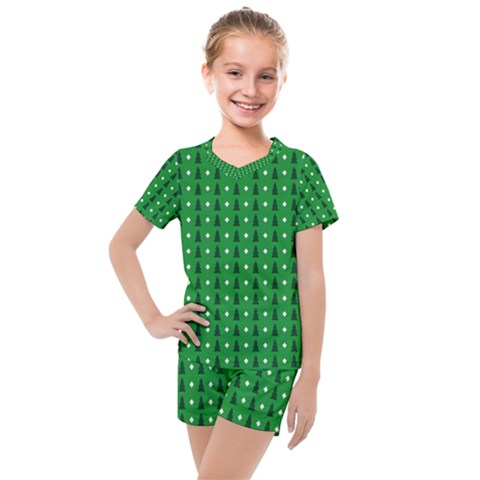 Green Christmas Tree Pattern Background Kids  Mesh T-shirt And Shorts Set by Amaryn4rt