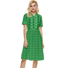 Green Christmas Tree Pattern Background Button Top Knee Length Dress by Amaryn4rt