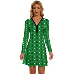 Green Christmas Tree Pattern Background Long Sleeve Deep V Mini Dress  by Amaryn4rt