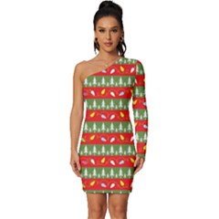 Christmas-papers-red-and-green Long Sleeve One Shoulder Mini Dress by Amaryn4rt