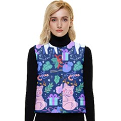 Colorful-funny-christmas-pattern Pig Animal Women s Button Up Puffer Vest by Amaryn4rt