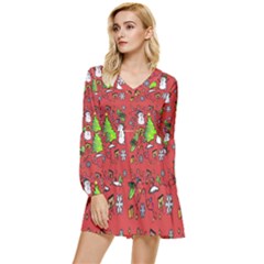 Santa Snowman Gift Holiday Christmas Cartoon Tiered Long Sleeve Mini Dress by Amaryn4rt