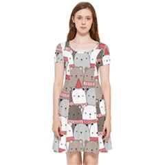 Cute Adorable Bear Merry Christmas Happy New Year Cartoon Doodle Seamless Pattern Inside Out Cap Sleeve Dress by Amaryn4rt