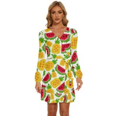 Watermelon-pattern-se-fruit-summer Long Sleeve Waist Tie Ruffle Velvet Dress by Amaryn4rt