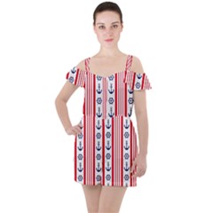 Nautical-papers-nautical-background Ruffle Cut Out Chiffon Playsuit by Amaryn4rt