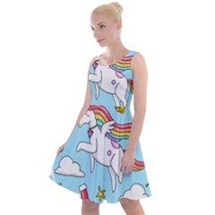 Merry Christmas Xmas Doodle Sketch Cartoon Unicorn Knee Length Skater Dress by Pakjumat