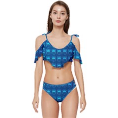 Bird Pattern Owl Drawing Ruffle Edge Tie Up Bikini Set	 by Pakjumat