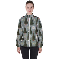 Christmas Trees Pattern Wallpaper Women s High Neck Windbreaker by Pakjumat