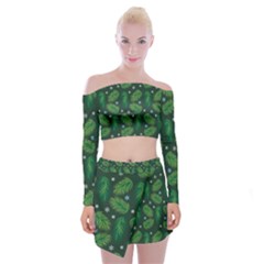 Leaves Snowflake Pattern Holiday Off Shoulder Top With Mini Skirt Set by Pakjumat