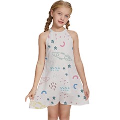 Spaceship Pattern Star Kids  Halter Collar Waist Tie Chiffon Dress by Pakjumat