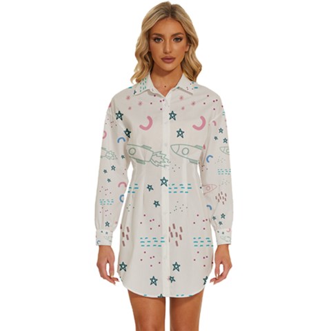 Spaceship Pattern Star Womens Long Sleeve Shirt Dress by Pakjumat