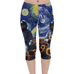 Starry Surreal Psychedelic Astronaut Space Velvet Capri Leggings  by Pakjumat