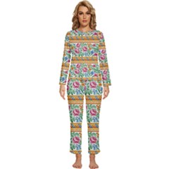 Flower Fabric Design Womens  Long Sleeve Lightweight Pajamas Set by Pakjumat