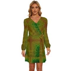 Psychedelic Screen Trippy Long Sleeve Waist Tie Ruffle Velvet Dress by Modalart