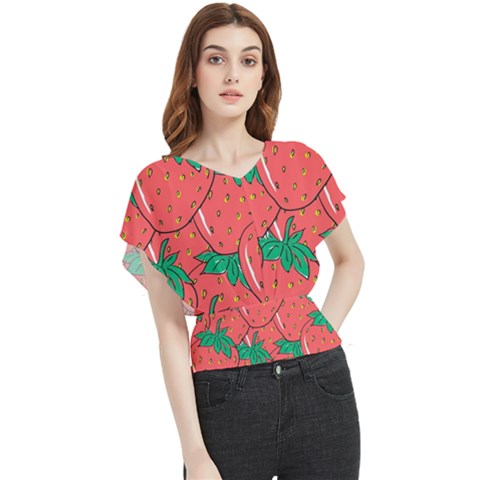 Texture Sweet Strawberry Dessert Food Summer Pattern Butterfly Chiffon Blouse by Sarkoni