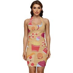 Fast Junk Food  Pizza Burger Cool Soda Pattern Sleeveless Wide Square Neckline Ruched Bodycon Dress by Sarkoni