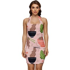 Doodle Yakisoba Seamless Pattern Sleeveless Wide Square Neckline Ruched Bodycon Dress by Sarkoni