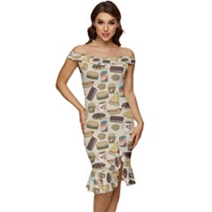 Junk Food Hipster Pattern Off Shoulder Ruffle Split Hem Bodycon Dress by Sarkoni