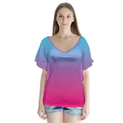 Blue Pink Purple V-neck Flutter Sleeve Top by Dutashop