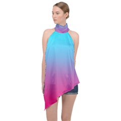 Blue Pink Purple Halter Asymmetric Satin Top by Dutashop