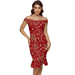 Christmas Texture Pattern Red Craciun Off Shoulder Ruffle Split Hem Bodycon Dress by Sarkoni