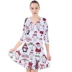 Christmas Characters Pattern Quarter Sleeve Front Wrap Dress